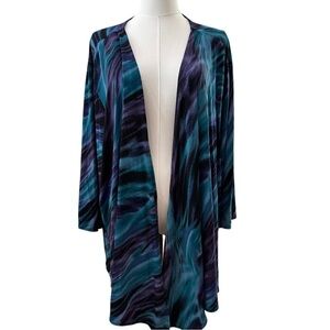 Maggie Barnes Women's 4X Art Wear Plus Purple Teal Swirl Open Front Blouse Top